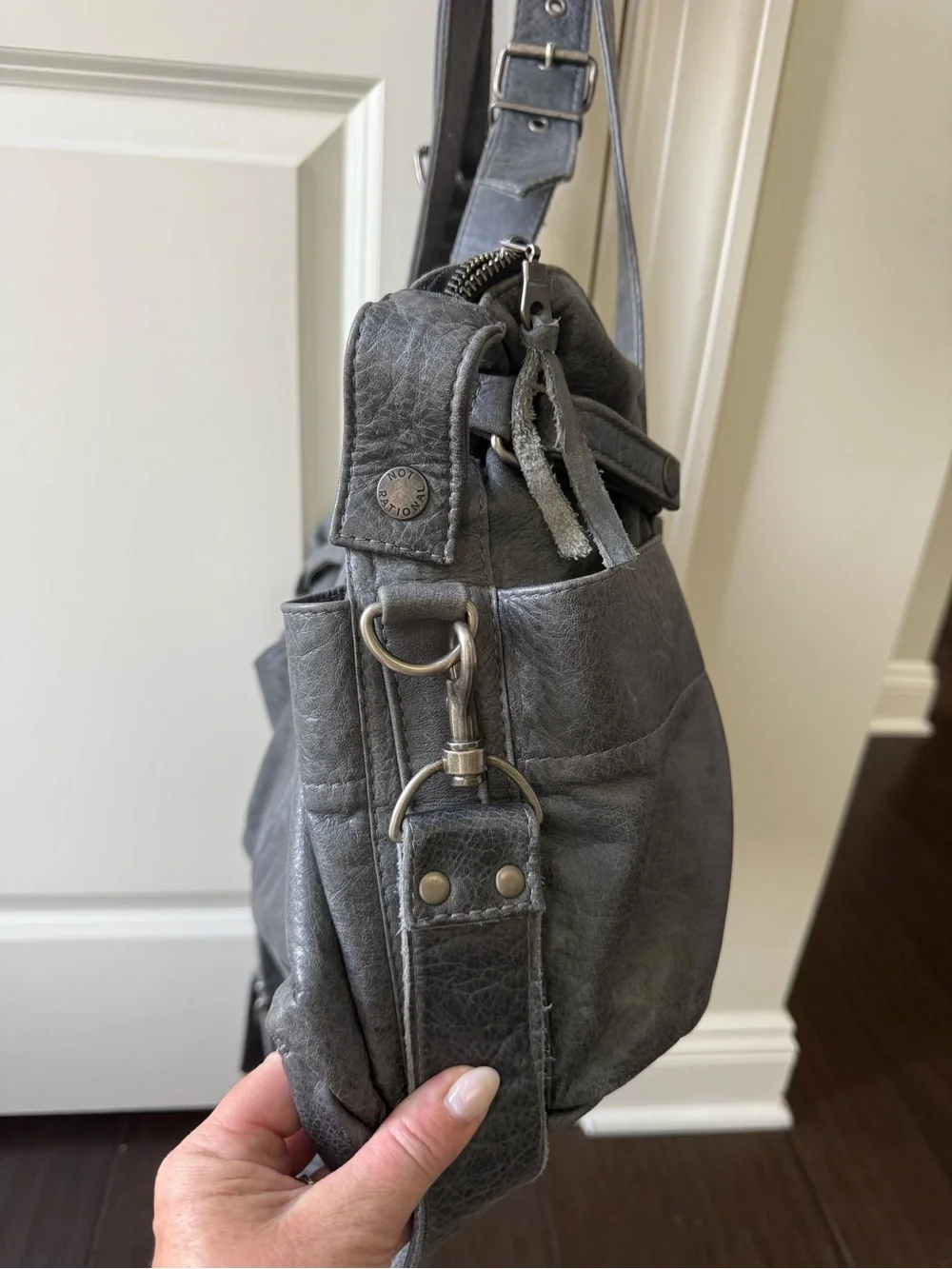 NOT RATIONAL Hansel premium distressed leather diaper bag in charcoal gray